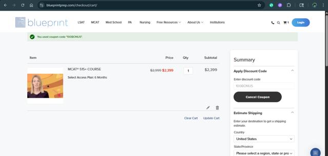 Blueprint Tutoring checkout page showing Blueprint Tutoring promo code box | Screenshot taken by SimplyCodes community member on Aug 8, 2025