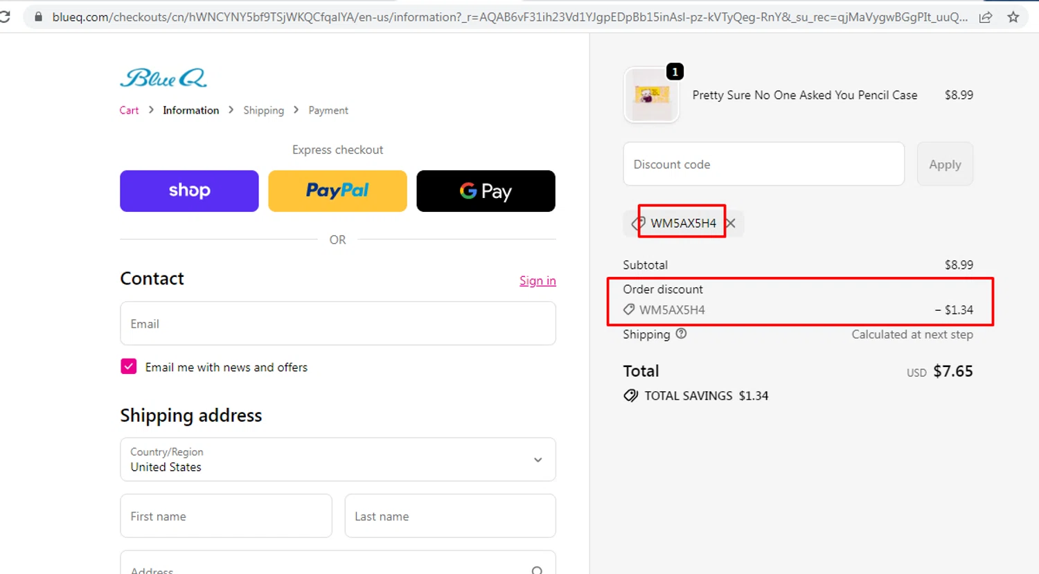 Blue Q promo code screenshot showing code WM5AX5H4 applied at Blue Q checkout page. Uploaded by SimplyCodes community member nileskamarcano on Jun 2, 2026