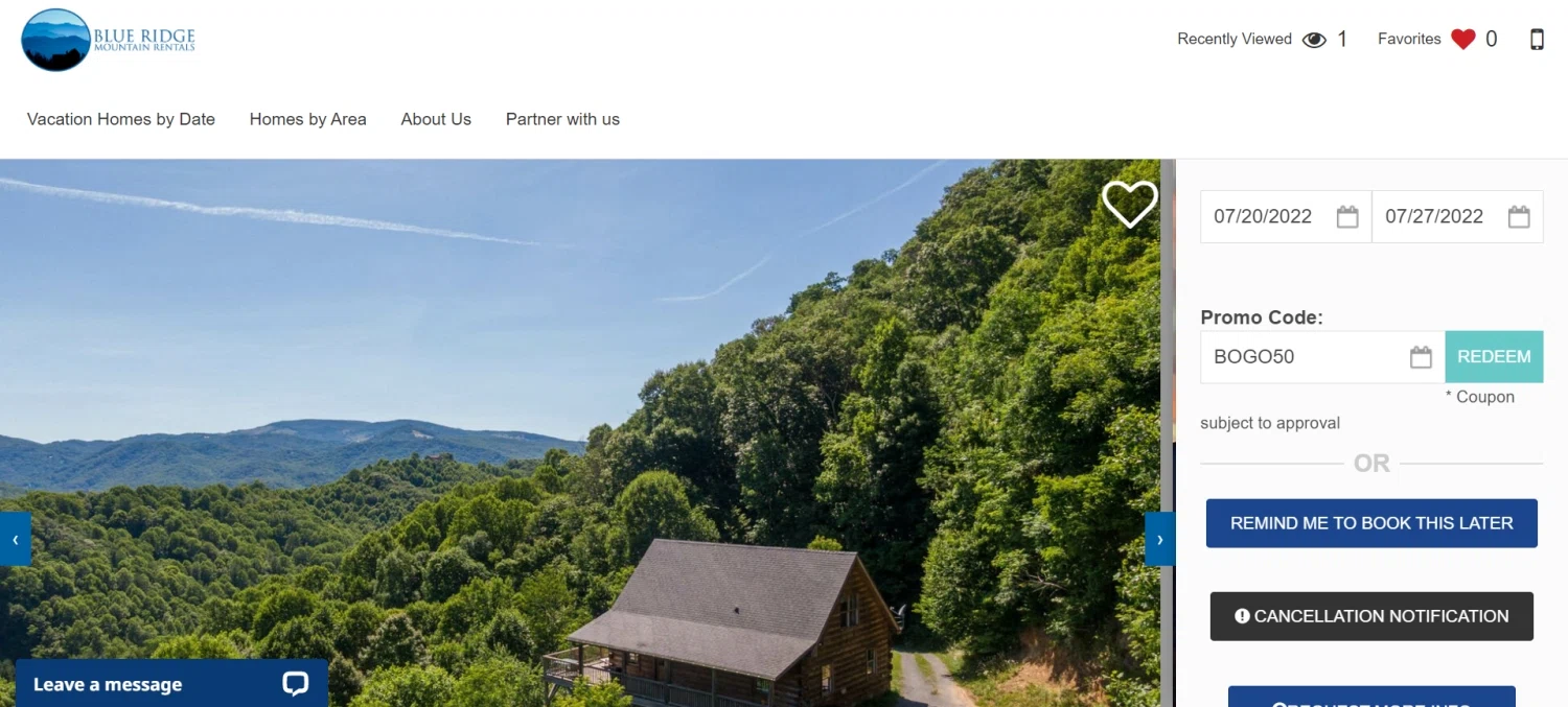Blue Ridge Mountain Rentals checkout page showing Blue Ridge Mountain Rentals promo code box | Screenshot taken by SimplyCodes community member on Jul 17, 2022