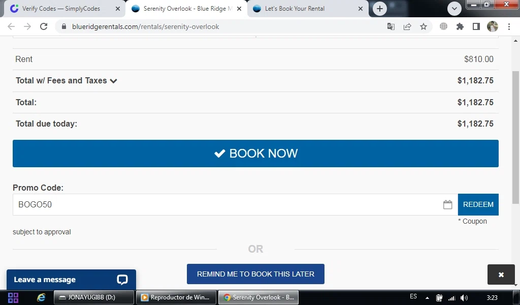 Blue Ridge Mountain Rentals checkout page showing Blue Ridge Mountain Rentals promo code box | Screenshot taken by SimplyCodes community member on Apr 27, 2022