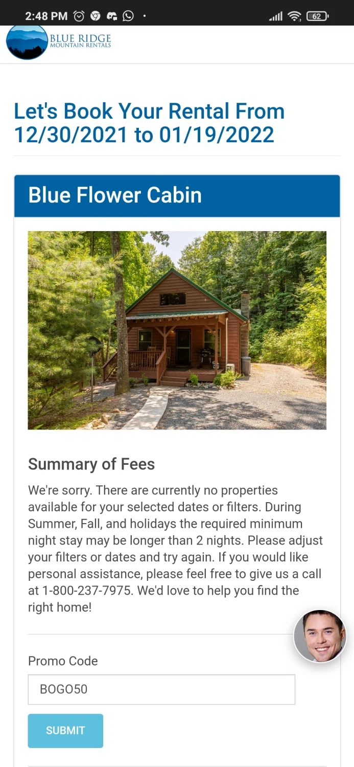 Blue Ridge Mountain Rentals checkout page showing Blue Ridge Mountain Rentals promo code box | Screenshot taken by SimplyCodes community member on Dec 29, 2021
