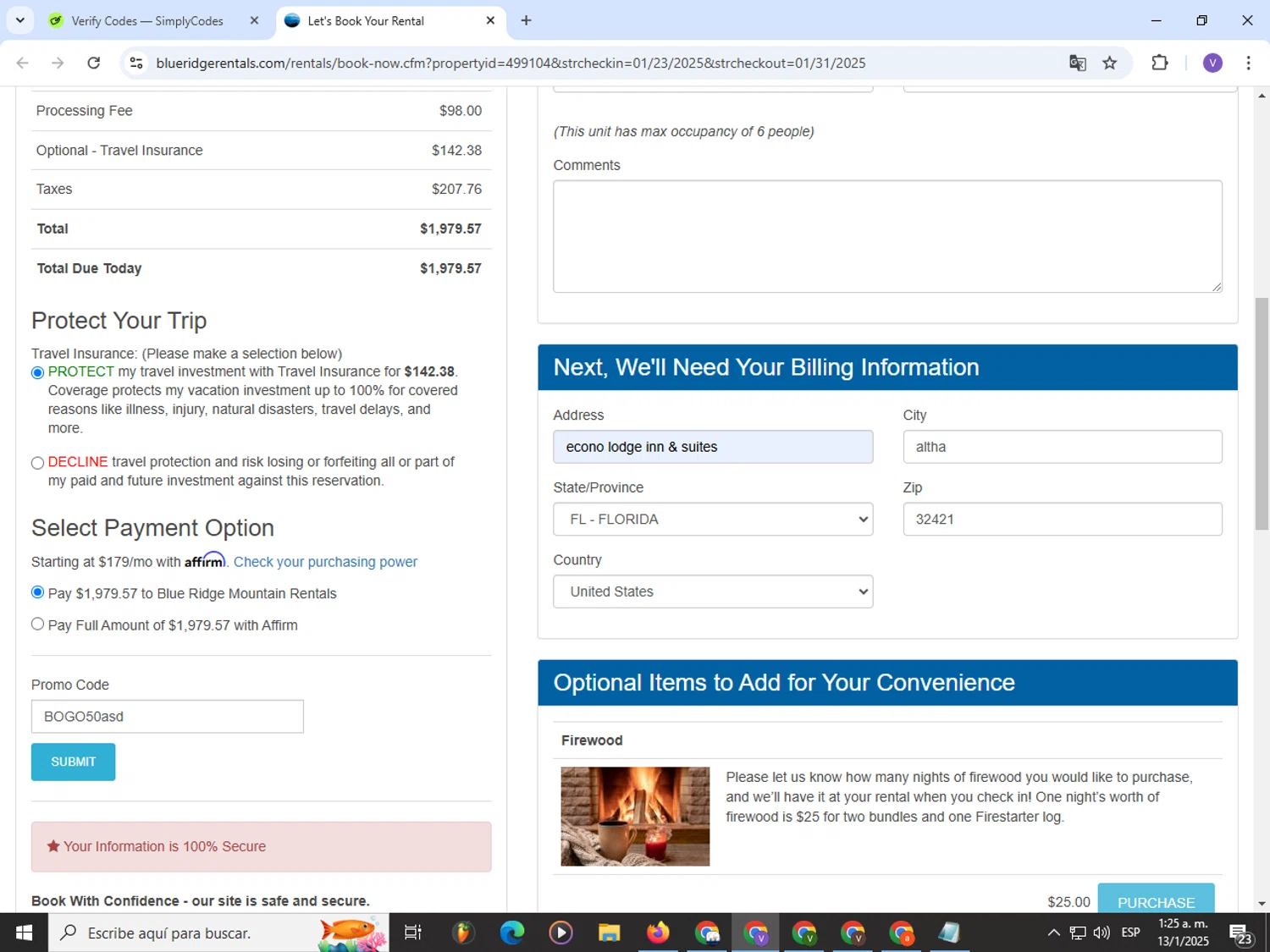 Blue Ridge Mountain Rentals promo code screenshot showing code BOGO50 applied at Blue Ridge Mountain Rentals checkout page. Uploaded by SimplyCodes community member Satoru_gojo on Jan 13, 2025