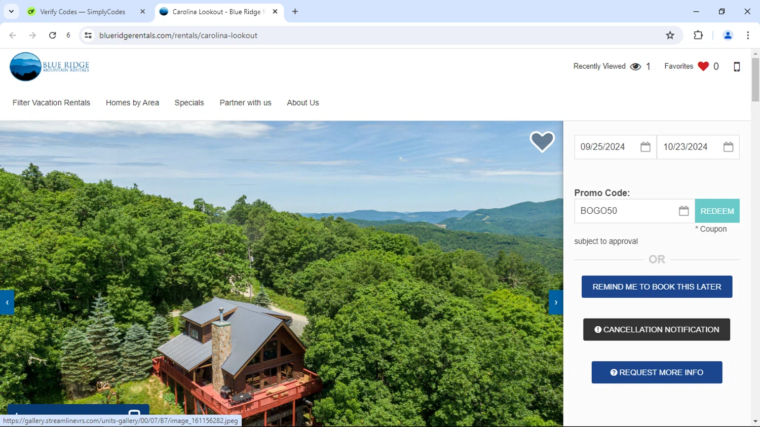 Blue Ridge Mountain Rentals checkout page showing Blue Ridge Mountain Rentals promo code box | Screenshot taken by SimplyCodes community member on Sep 18, 2024