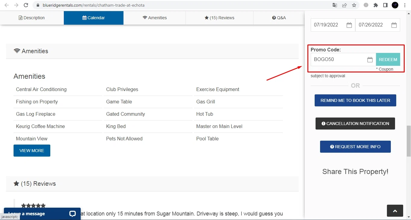 Blue Ridge Mountain Rentals checkout page showing Blue Ridge Mountain Rentals promo code box | Screenshot taken by SimplyCodes community member on Jul 5, 2022