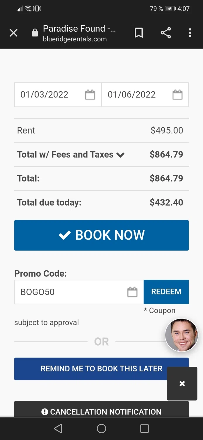 Blue Ridge Mountain Rentals checkout page showing Blue Ridge Mountain Rentals promo code box | Screenshot taken by SimplyCodes community member on Dec 6, 2021