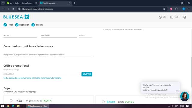 Blue Sea Hotels checkout page showing Blue Sea Hotels discount code box | Screenshot taken by SimplyCodes community member on Aug 13, 2025