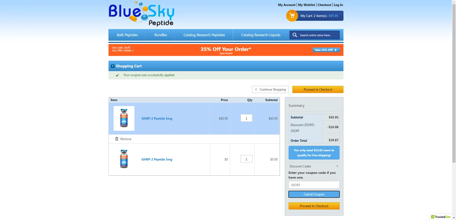 Blue Sky Peptide checkout page showing Blue Sky Peptide coupon code box | Screenshot taken by SimplyCodes community member on Feb 3, 2026