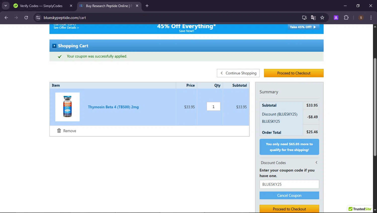 Blue Sky Peptide coupon code screenshot showing code BLUESKY25 applied at Blue Sky Peptide checkout page. Uploaded by SimplyCodes community member ShieldAdmiral2781 on Jun 7, 2025