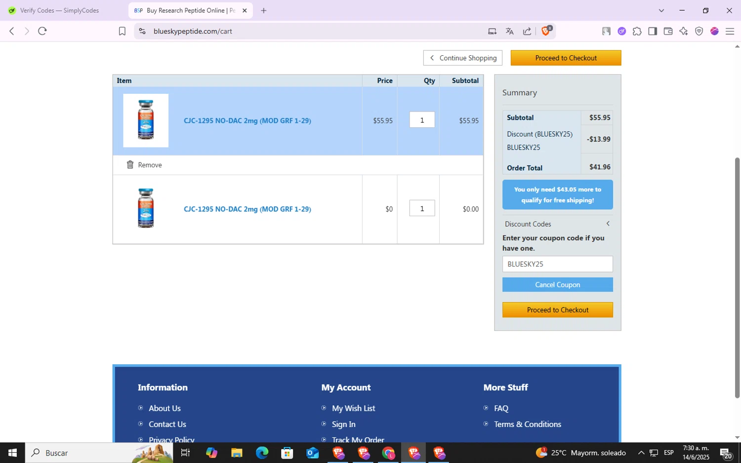 Blue Sky Peptide coupon code screenshot showing code BLUESKY25 applied at Blue Sky Peptide checkout page. Uploaded by SimplyCodes community member VoucherSpotter6910 on Jun 14, 2025