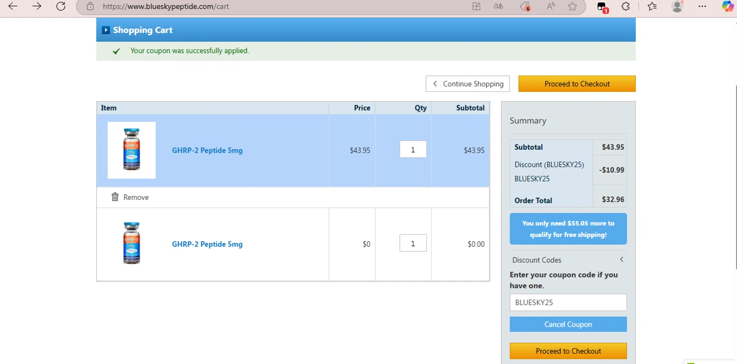 Blue Sky Peptide coupon code screenshot showing code BLUESKY25 applied at Blue Sky Peptide checkout page. Uploaded by SimplyCodes community member BrilliantFalcon6936 on Apr 23, 2025