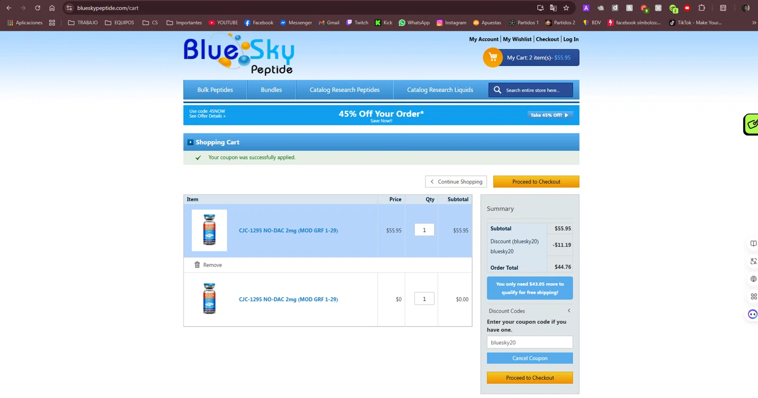 Blue Sky Peptide coupon code screenshot showing code bluesky20 applied at Blue Sky Peptide checkout page. Uploaded by SimplyCodes community member Jose29 on Mar 24, 2025