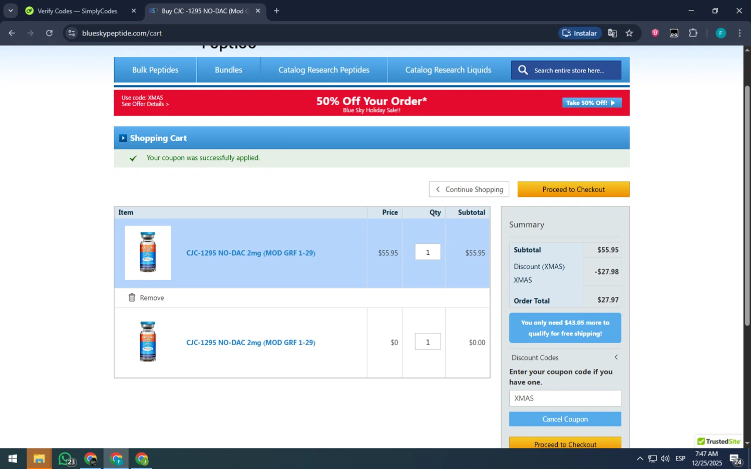 Blue Sky Peptide coupon code screenshot showing code XMAS applied at Blue Sky Peptide checkout page. Uploaded by SimplyCodes community member ArizaJuan on Dec 25, 2025