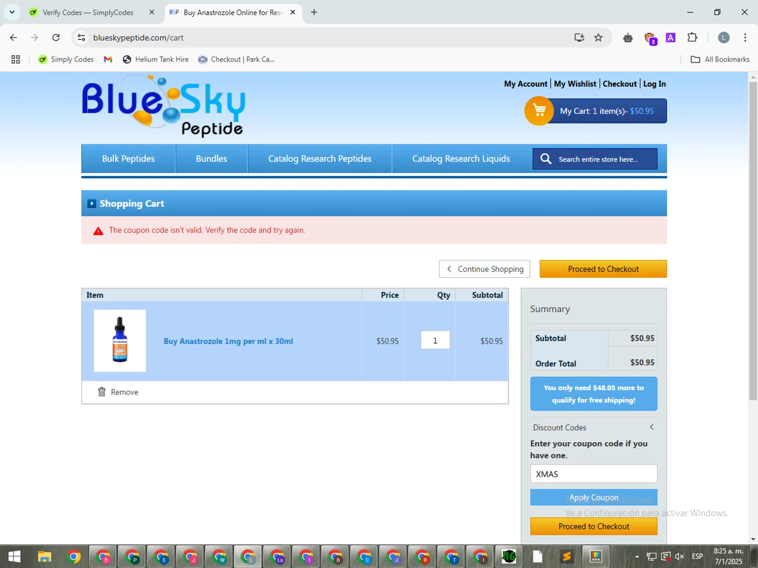 Blue Sky Peptide coupon code screenshot showing code XMAS applied at Blue Sky Peptide checkout page. Uploaded by SimplyCodes community member SmartSpotter5969 on Jan 7, 2025