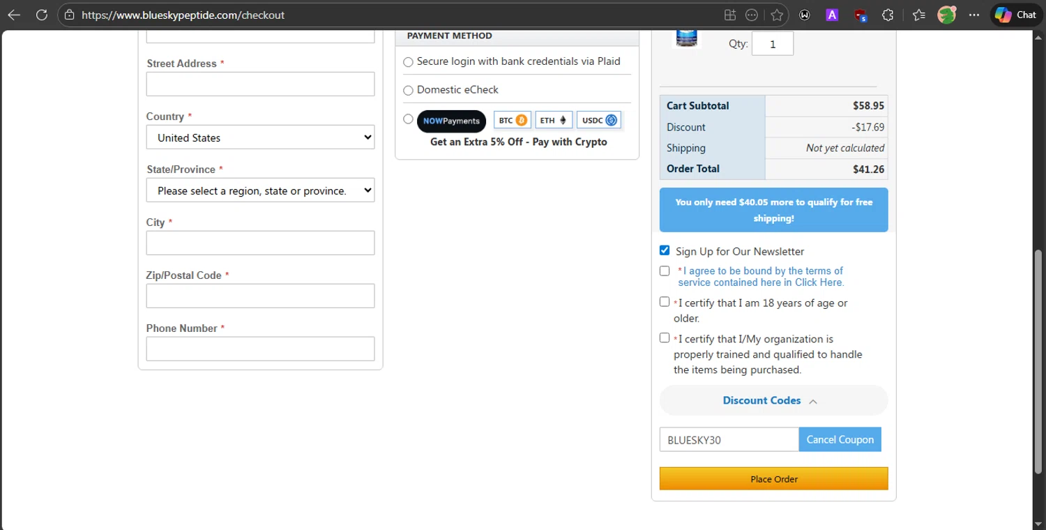 Blue Sky Peptide coupon code screenshot showing code BLUESKY30 applied at Blue Sky Peptide checkout page. Uploaded by SimplyCodes community member PrincessCoupon on Jan 22, 2026