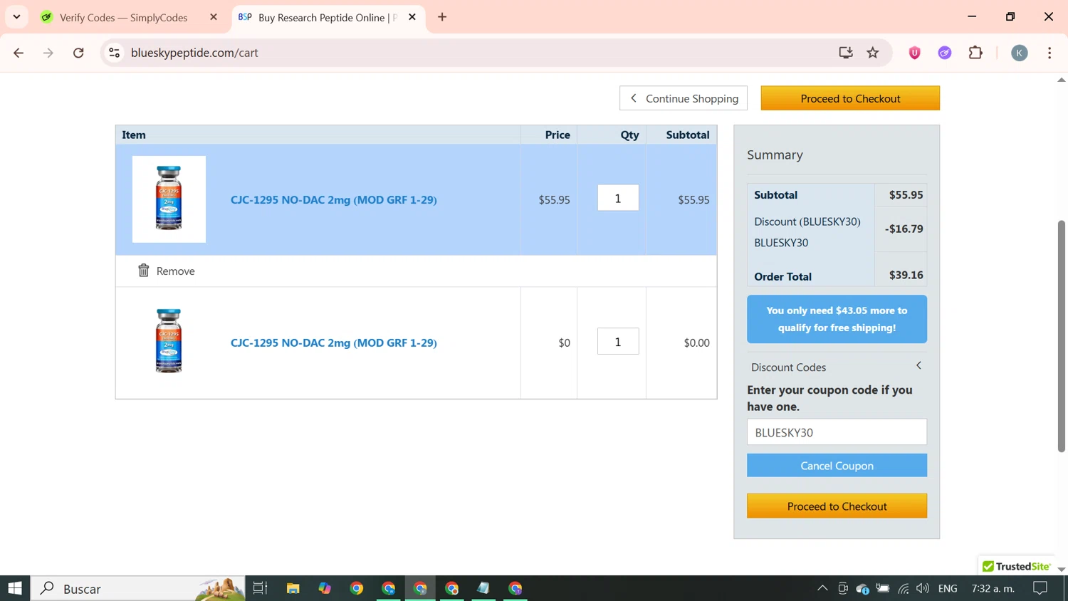 Blue Sky Peptide coupon code screenshot showing code BLUESKY30 applied at Blue Sky Peptide checkout page. Uploaded by SimplyCodes community member SavingsBoss9912 on Jun 14, 2025