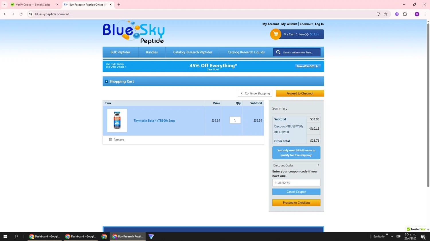 Blue Sky Peptide coupon code screenshot showing code BLUESKY30 applied at Blue Sky Peptide checkout page. Uploaded by SimplyCodes community member ukemochi on Apr 26, 2025