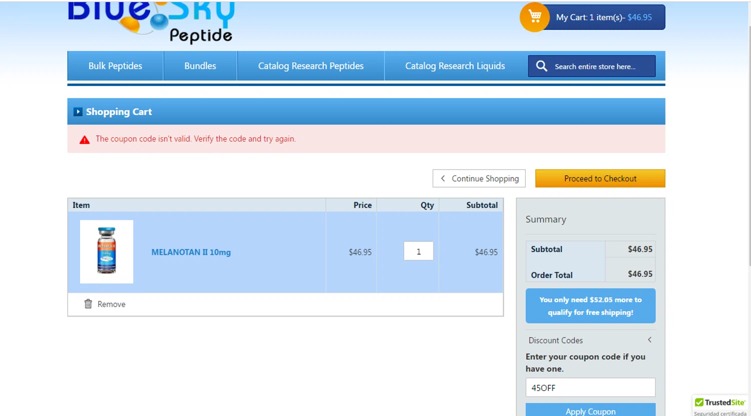 Blue Sky Peptide coupon code screenshot showing code 45OFF applied at Blue Sky Peptide checkout page. Uploaded by SimplyCodes community member Ronald13 on Nov 13, 2025