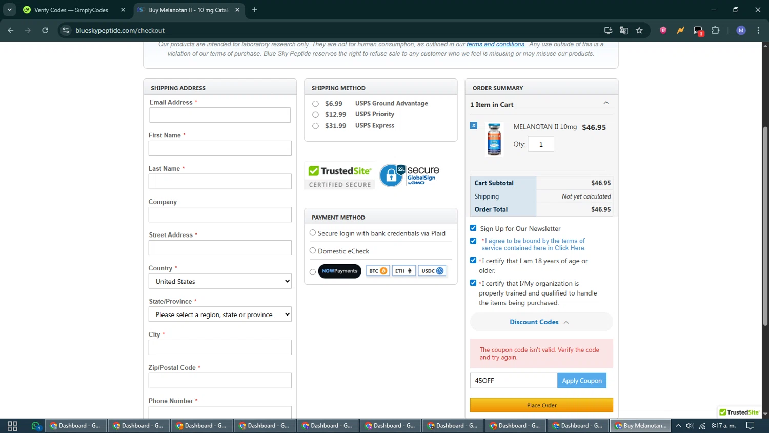 Blue Sky Peptide coupon code screenshot showing code 45OFF applied at Blue Sky Peptide checkout page. Uploaded by SimplyCodes community member VoucherCurator824 on Nov 13, 2025