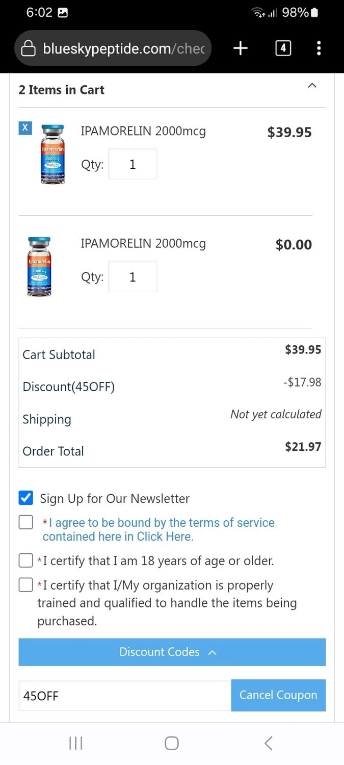 Blue Sky Peptide coupon code screenshot showing code 45OFF applied at Blue Sky Peptide checkout page. Uploaded by SimplyCodes community member ScanMaverick9378 on Nov 7, 2025
