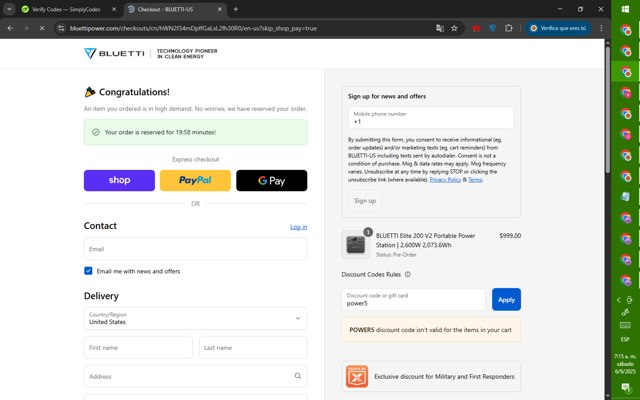 Bluetti checkout page showing Bluetti discount code box | Screenshot taken by SimplyCodes community member on Sep 6, 2025