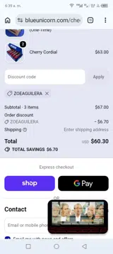 Blue Unicorn coupon verification screenshot