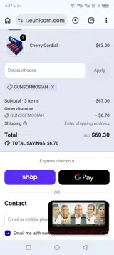 Blue Unicorn coupon verification screenshot