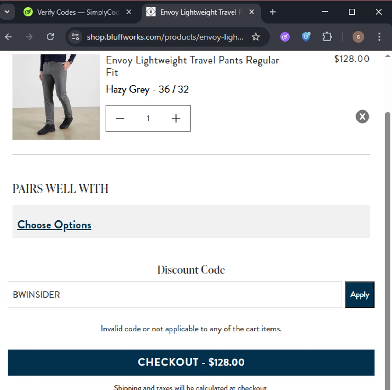 Bluffworks discount code screenshot showing code BWINSIDER applied at Bluffworks checkout page. Uploaded by SimplyCodes community member 61664350 on Oct 21, 2025