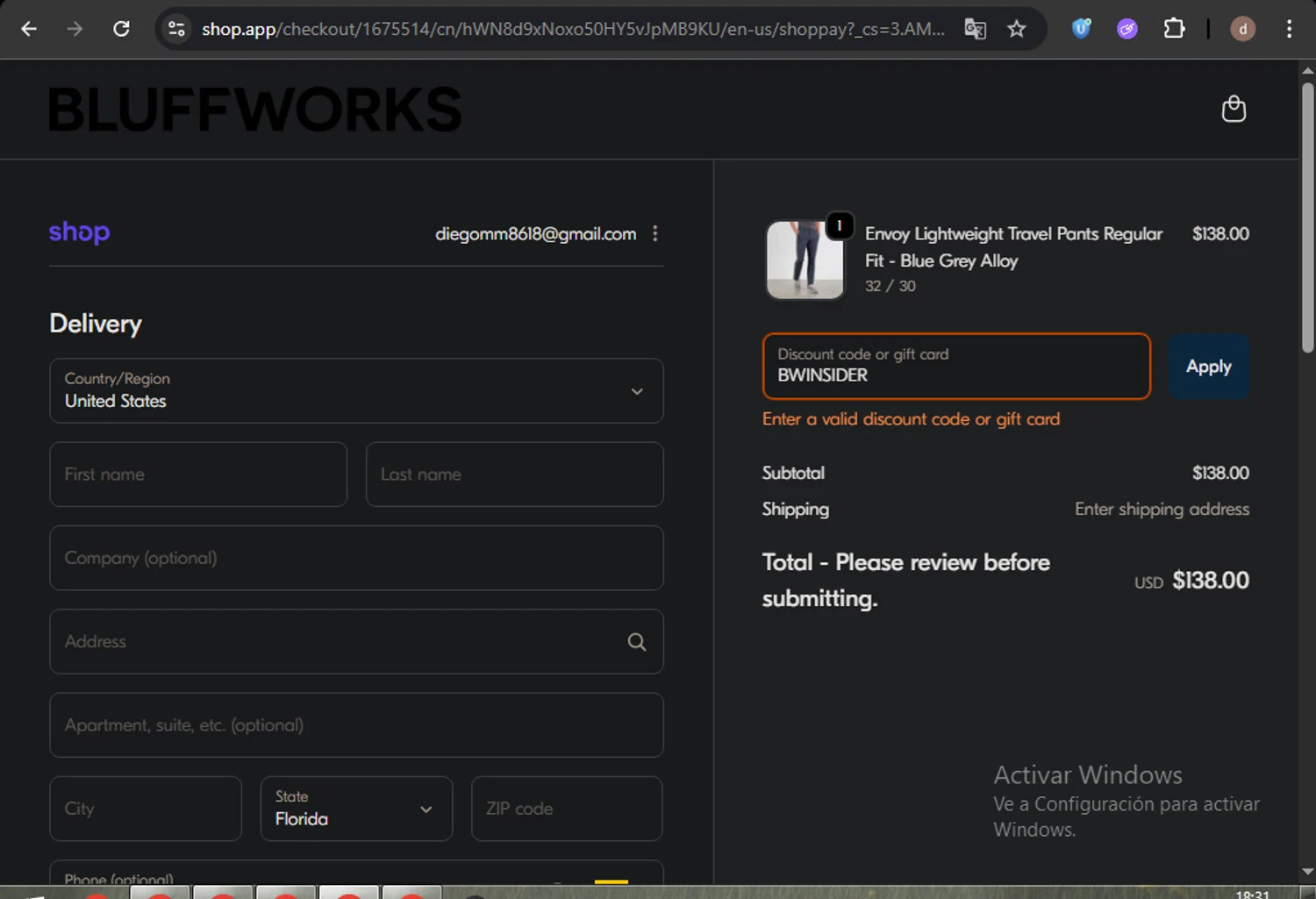Bluffworks discount code screenshot showing code BWINSIDER applied at Bluffworks checkout page. Uploaded by SimplyCodes community member BargainVirtuoso4670 on Feb 10, 2026