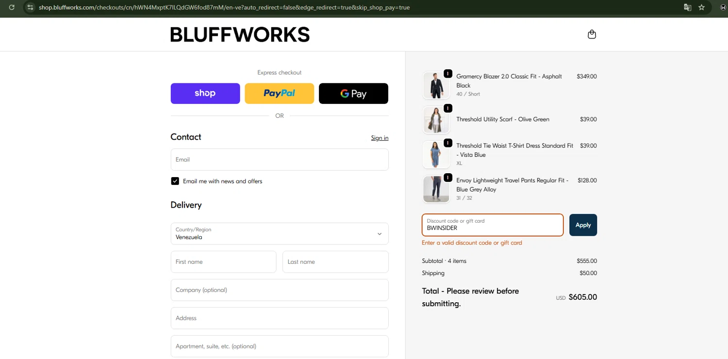 Bluffworks discount code screenshot showing code BWINSIDER applied at Bluffworks checkout page. Uploaded by SimplyCodes community member Loslocosdelavela on Oct 21, 2025