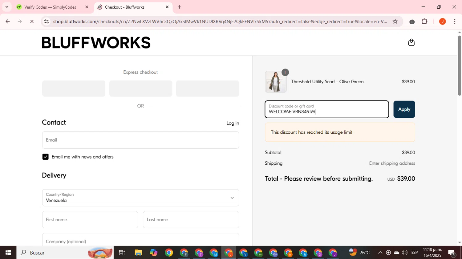 Bluffworks discount code screenshot showing code WELCOME-VRN845TM applied at Bluffworks checkout page. Uploaded by SimplyCodes community member ExtraordinaryNavigator393 on Apr 17, 2025