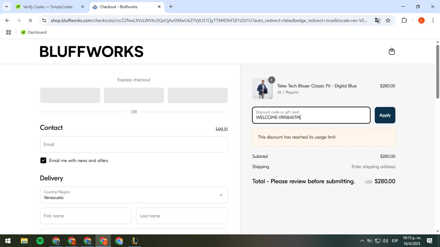 Bluffworks discount code screenshot showing code WELCOME-VRN845TM applied at Bluffworks checkout page. Uploaded by SimplyCodes community member luissdbv4 on Apr 17, 2025