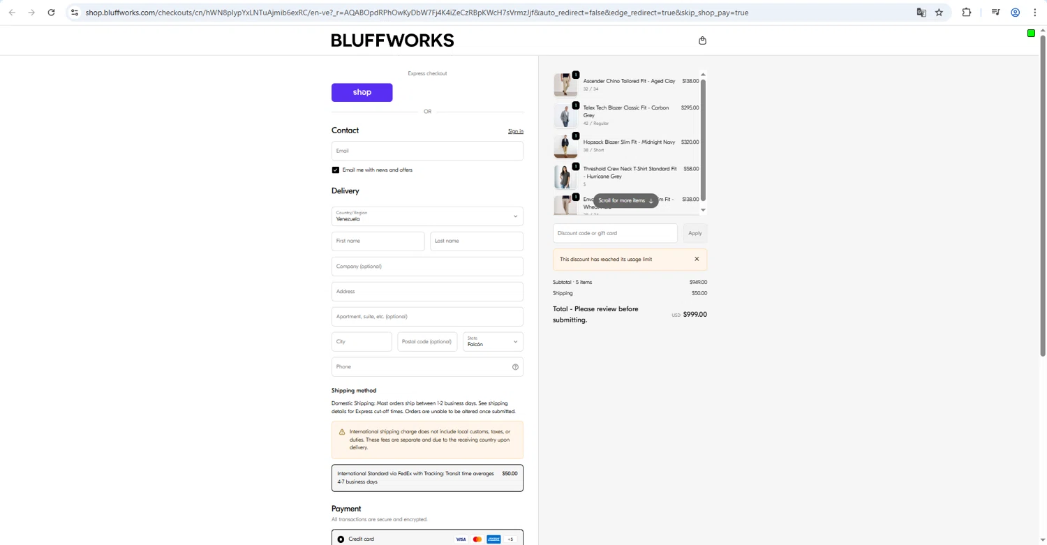 Bluffworks discount code screenshot showing code WELCOME-VRN845TM applied at Bluffworks checkout page. Uploaded by SimplyCodes community member milennyzarraga on Feb 15, 2026
