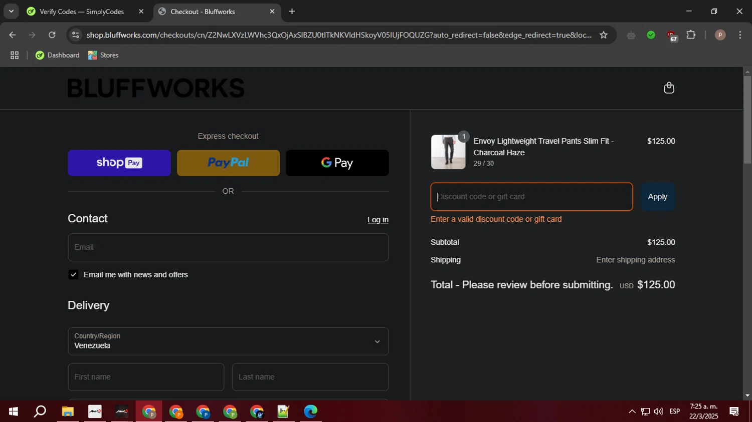 Bluffworks discount code screenshot showing code PANTS20 applied at Bluffworks checkout page. Uploaded by SimplyCodes community member PrimeTiger1163 on Mar 22, 2025