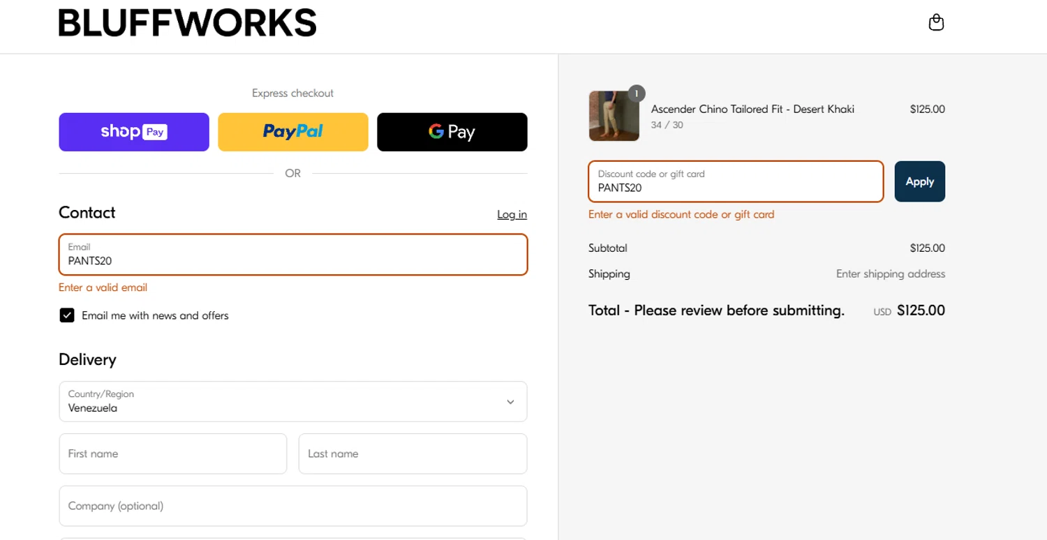 Bluffworks discount code screenshot showing code PANTS20 applied at Bluffworks checkout page. Uploaded by SimplyCodes community member MagnificentTiger8908 on Mar 22, 2025