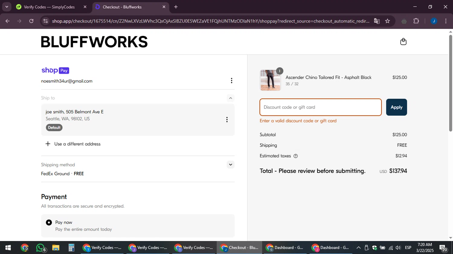 Bluffworks discount code screenshot showing code PANTS20 applied at Bluffworks checkout page. Uploaded by SimplyCodes community member noesmith34ur on Mar 22, 2025