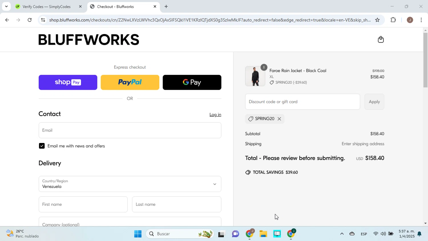 Bluffworks checkout page showing Bluffworks discount code box | Screenshot taken by SimplyCodes community member on Apr 1, 2025