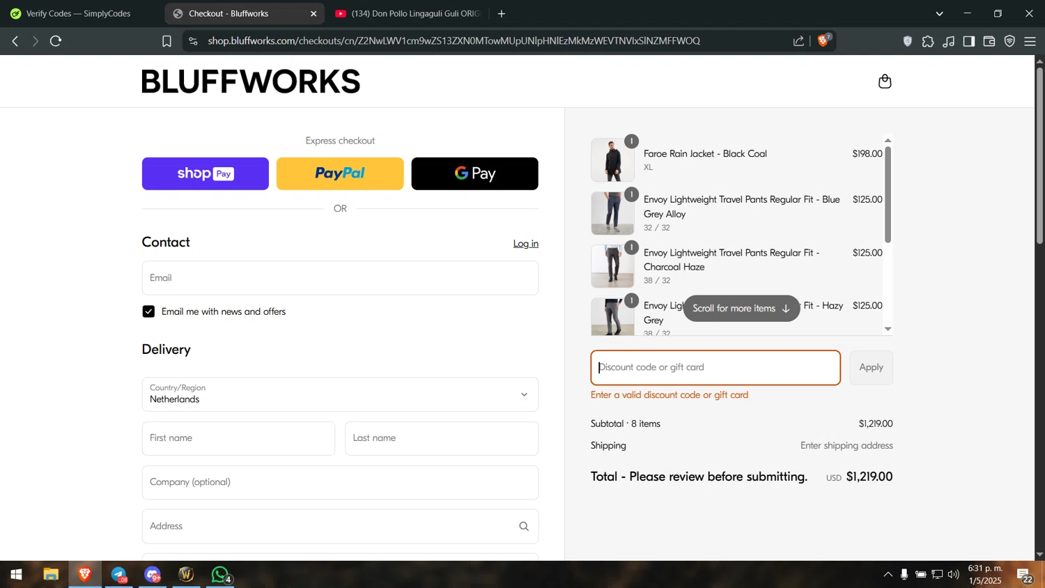 Bluffworks discount code screenshot showing code SPRING20 applied at Bluffworks checkout page. Uploaded by SimplyCodes community member leonj9624 on May 1, 2025
