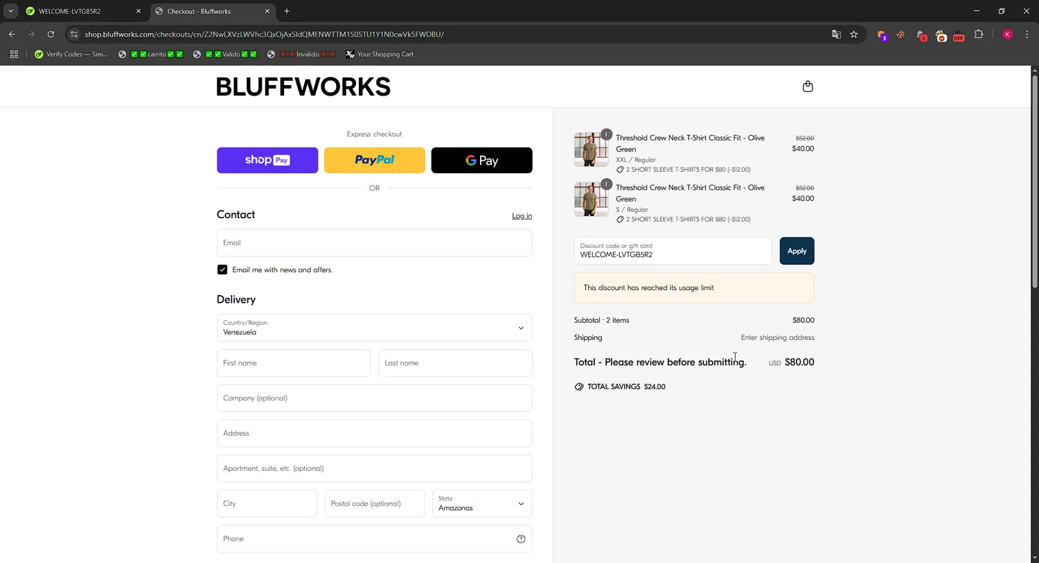 Bluffworks discount code screenshot showing code WELCOME-LVTGB5R2 applied at Bluffworks checkout page. Uploaded by SimplyCodes community member RewardMaverick6941 on Jun 1, 2025