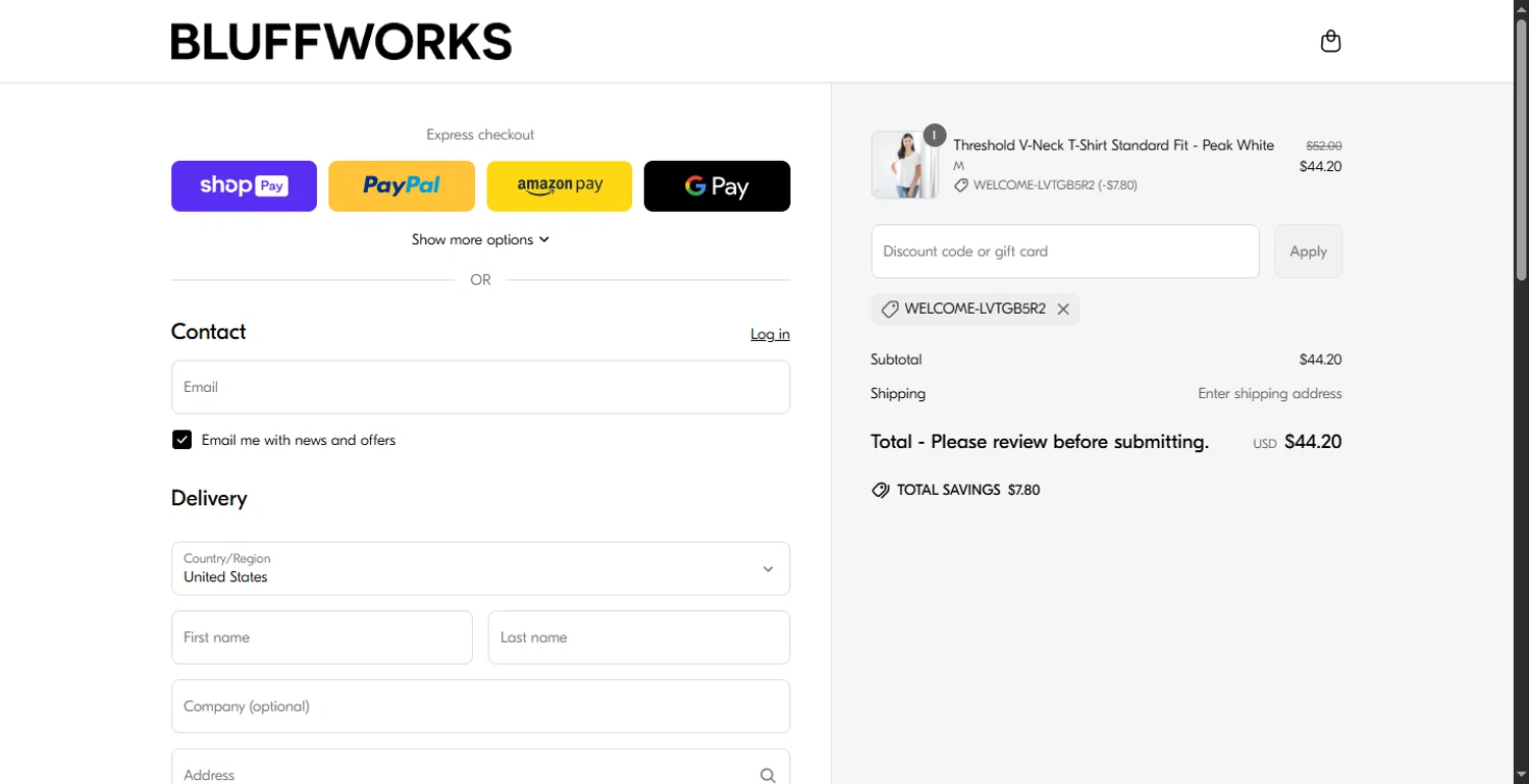 Bluffworks discount code screenshot showing code WELCOME-LVTGB5R2 applied at Bluffworks checkout page. Uploaded by SimplyCodes community member rapiddeals on May 1, 2025
