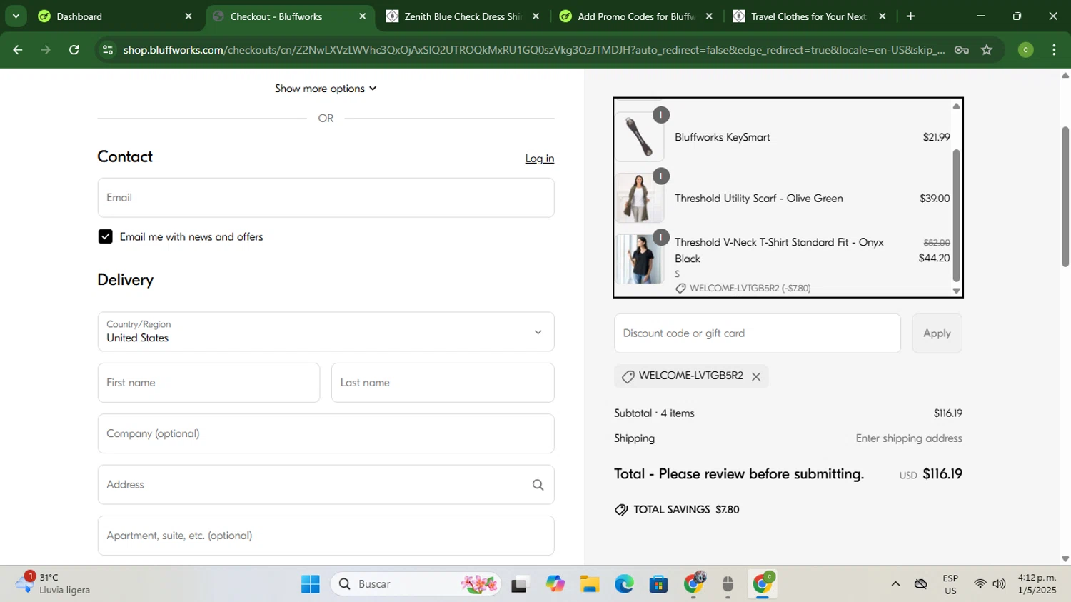 Bluffworks discount code screenshot showing code WELCOME-LVTGB5R2 applied at Bluffworks checkout page. Uploaded by SimplyCodes community member coromotopalmar on May 1, 2025