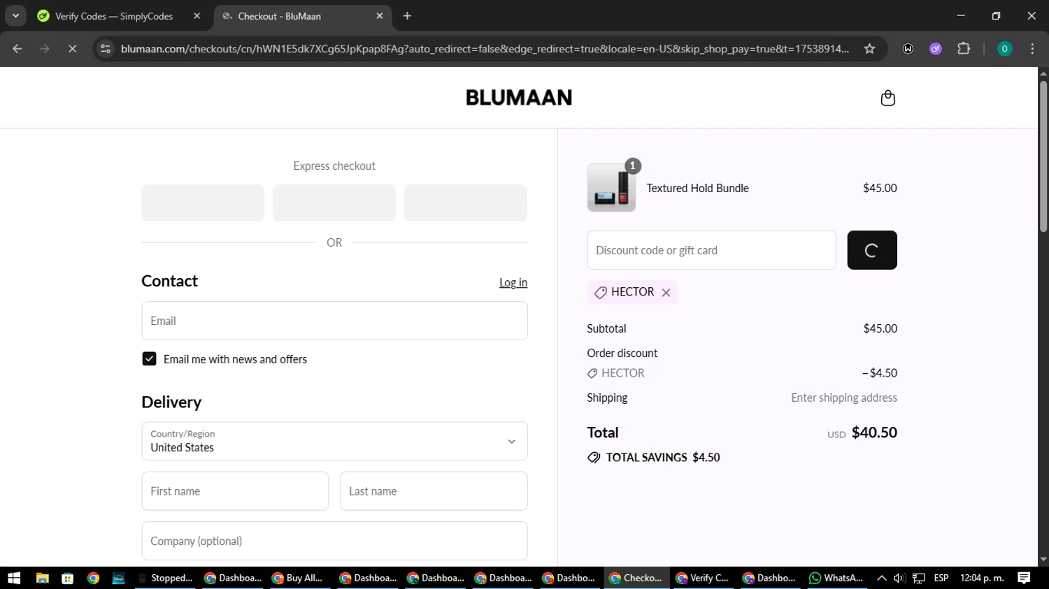 BluMaan discount code screenshot showing code HECTOR applied at BluMaan checkout page. Uploaded by SimplyCodes community member LuckyDefender9428 on Jul 30, 2025