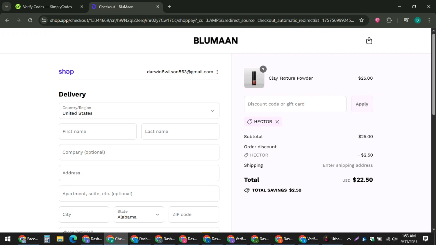 BluMaan discount code screenshot showing code HECTOR applied at BluMaan checkout page. Uploaded by SimplyCodes community member ThriftyLion6776 on Sep 11, 2025