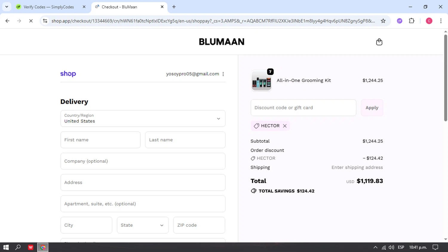BluMaan discount code screenshot showing code HECTOR applied at BluMaan checkout page. Uploaded by SimplyCodes community member ricardokaka7 on Dec 4, 2025
