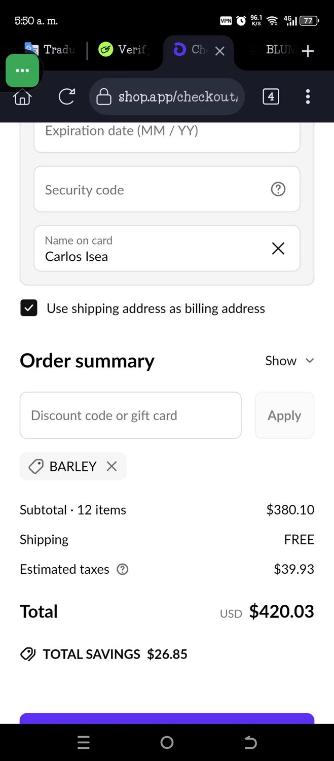 BluMaan discount code screenshot showing code BARLEY applied at BluMaan checkout page. Uploaded by SimplyCodes community member JannyiseaN on May 23, 2025