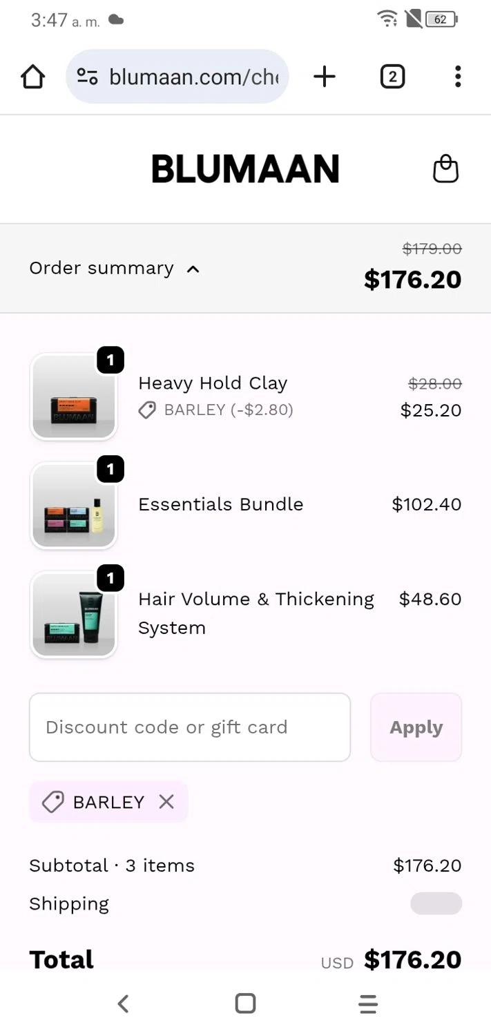 BluMaan discount code screenshot showing code BARLEY applied at BluMaan checkout page. Uploaded by SimplyCodes community member RoyalSpotter5217 on Oct 26, 2025