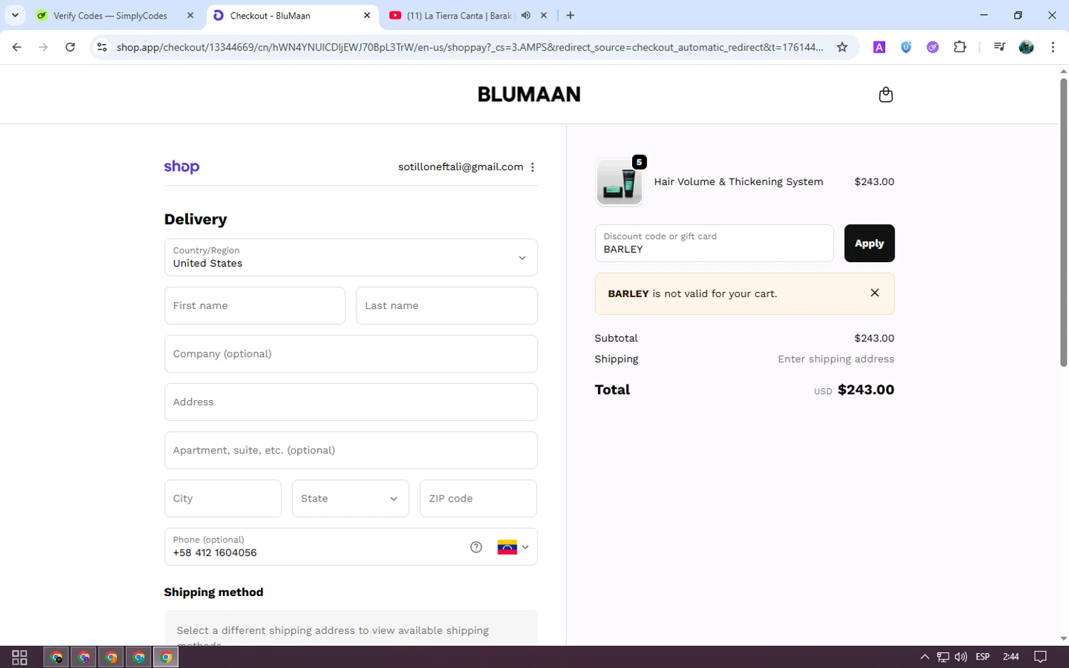 BluMaan discount code screenshot showing code BARLEY applied at BluMaan checkout page. Uploaded by SimplyCodes community member neurioandrades on Oct 26, 2025