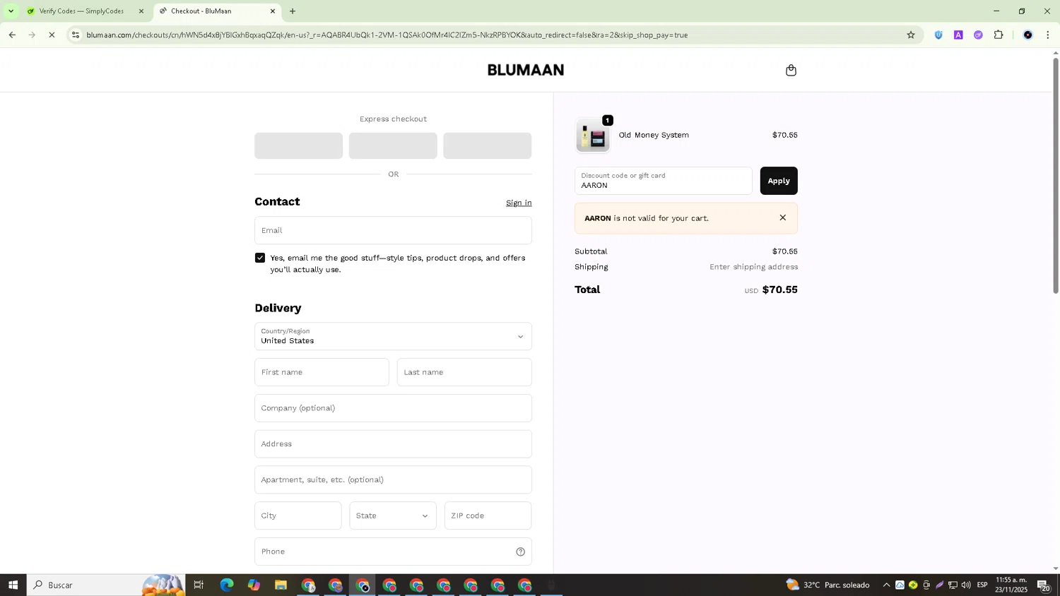 BluMaan discount code screenshot showing code AARON applied at BluMaan checkout page. Uploaded by SimplyCodes community member GoldRanger7074 on Nov 23, 2025