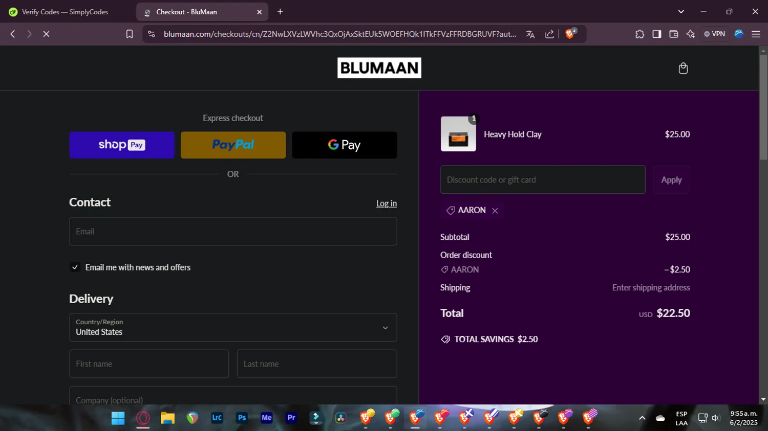 BluMaan discount code screenshot showing code AARON applied at BluMaan checkout page. Uploaded by SimplyCodes community member SaleWarden8703 on Feb 6, 2025