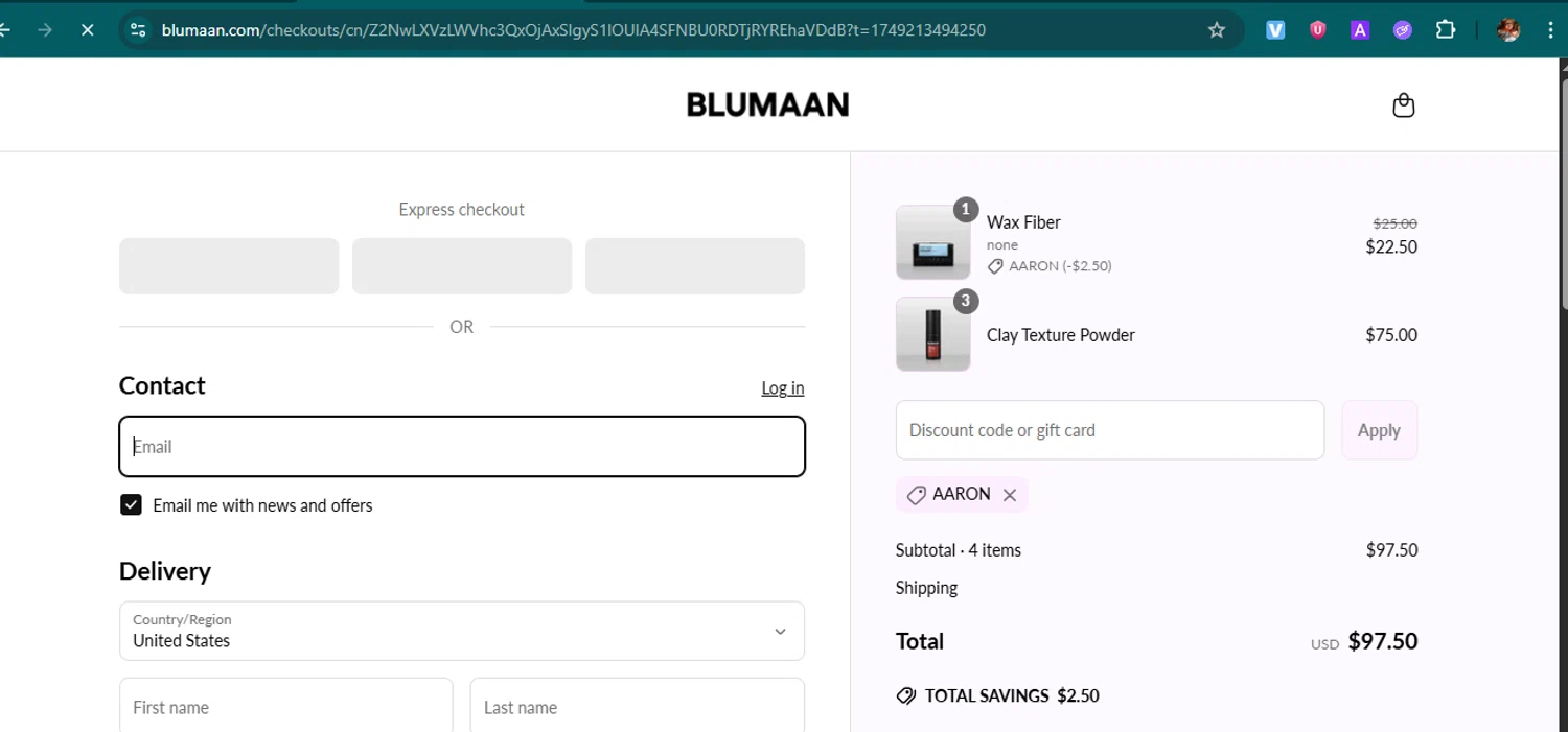 BluMaan discount code screenshot showing code AARON applied at BluMaan checkout page. Uploaded by SimplyCodes community member samuelgomez2 on Jun 6, 2025