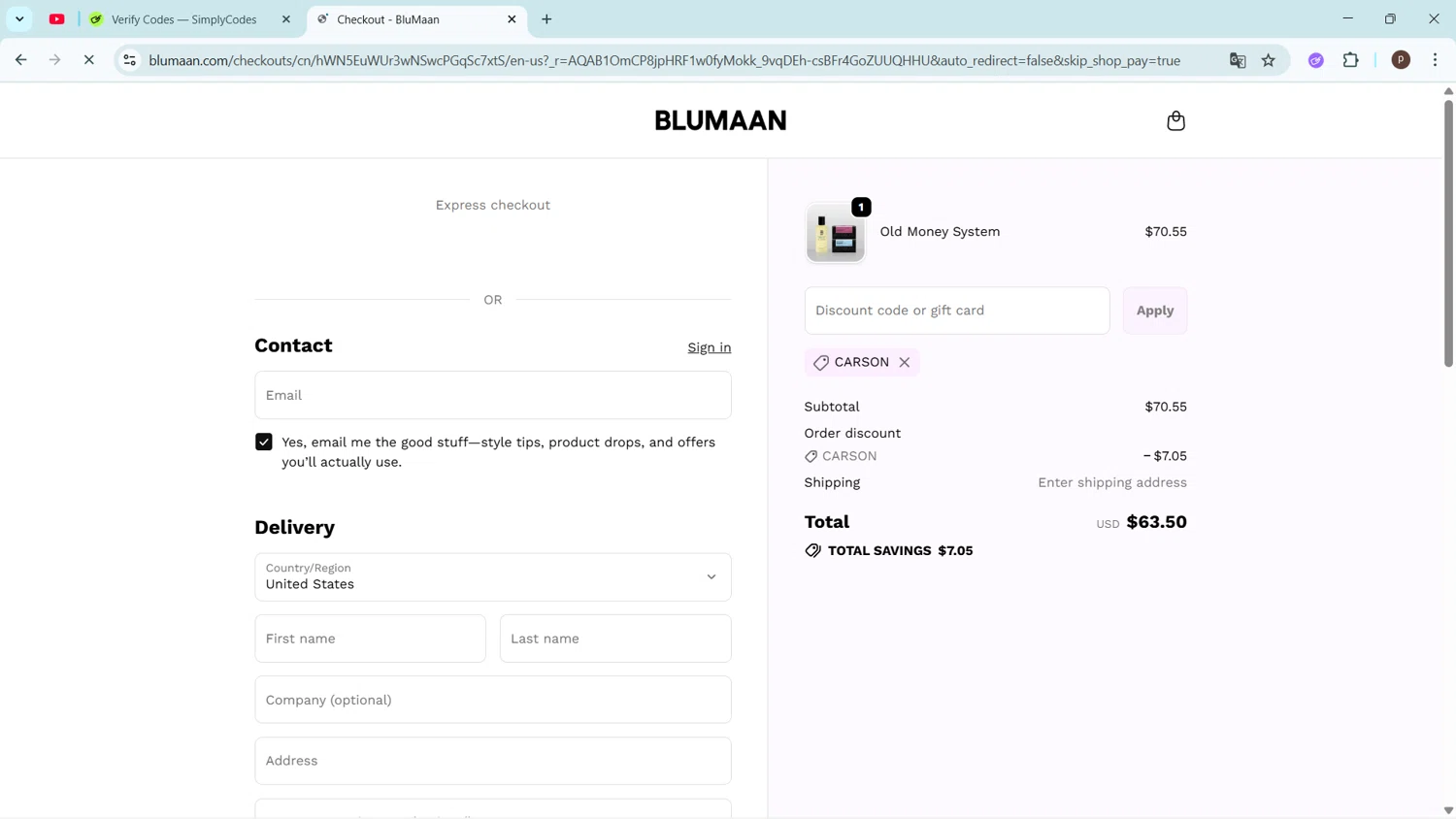 BluMaan discount code screenshot showing code CARSON applied at BluMaan checkout page. Uploaded by SimplyCodes community member ShrewdPro2243 on Nov 13, 2025